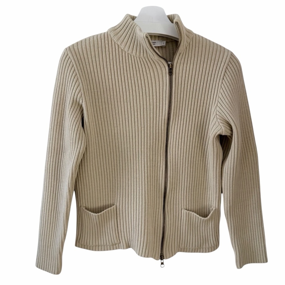 COMPTOIR DES COTONNIERS Beige Wool Blend Ribbed Asymmetrical Zip Cardigan size L